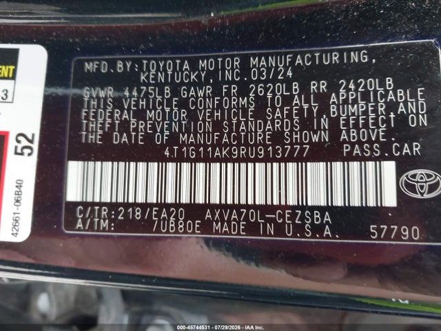 2024 Toyota Camry Se მანქანა იყიდება აუქციონზე, vin: 4T1G11AK9RU913777, აუქციონის ნომერი: 45744531