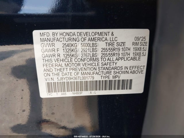 2026 Acura Mdx Standard მანქანა იყიდება აუქციონზე, vin: 5J8YD9H36TL001779, აუქციონის ნომერი: 45744533