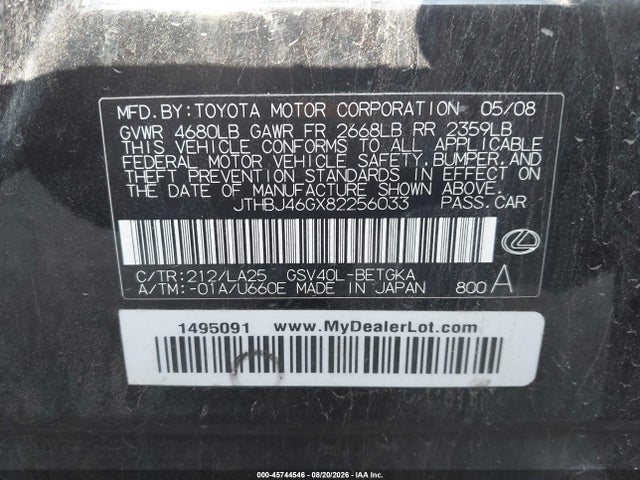 Продажа на аукционе авто 2008 Lexus Es 350, vin: JTHBJ46GX82256033, номер лота: 45744546
