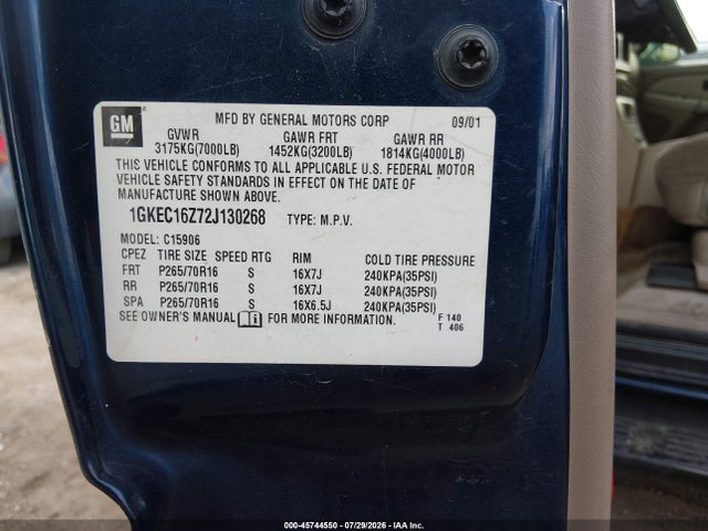 2002 Gmc Yukon Xl 1500 Sle მანქანა იყიდება აუქციონზე, vin: 1GKEC16Z72J130268, აუქციონის ნომერი: 45744550