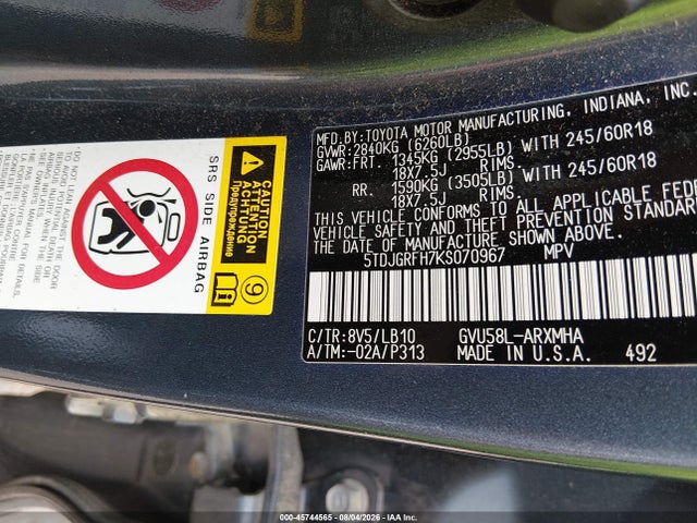 5TDJGRFH7KS070967 Toyota Highlander Hybrid Xle