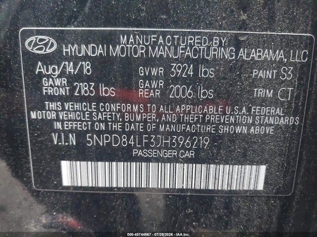 5NPD84LF3JH396219 Hyundai ELANTRA SEL