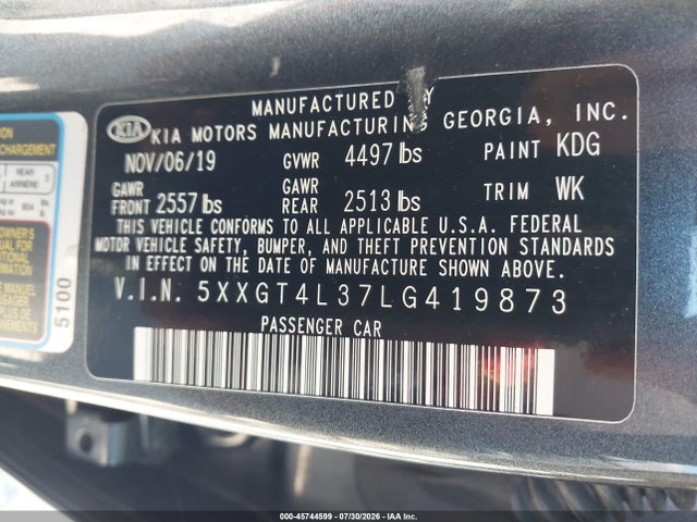 Aukcja sprzedaży 2020 Kia Optima Lx, vin: 5XXGT4L37LG419873, numer aukcji: 45744599