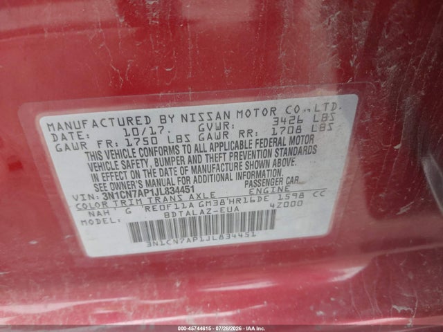 Aukcja sprzedaży 2018 Nissan Versa 1.6 S+, vin: 3N1CN7AP1JL834451, numer aukcji: 45744615