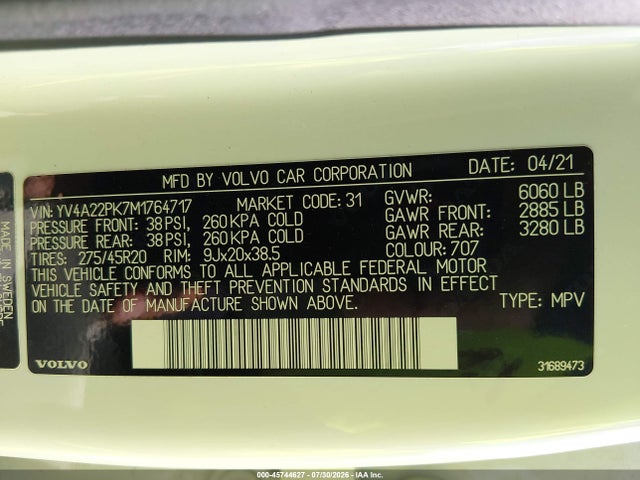 45744627 :رقم المزاد ، YV4A22PK7M1764717 vin ، 2021 Volvo Xc90 T6 Momentum 7 Passenger مزاد بيع