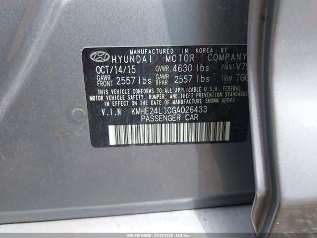 Продаж на аукціоні авто 2016 Hyundai Sonata Hybrid Se, vin: KMHE24L10GA026433, номер лоту: 45744636