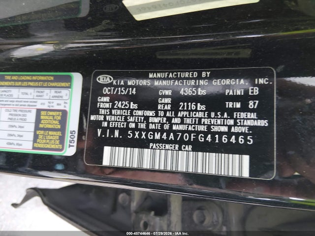 Продаж на аукціоні авто 2015 Kia Optima Lx, vin: 5XXGM4A70FG416465, номер лоту: 45744646