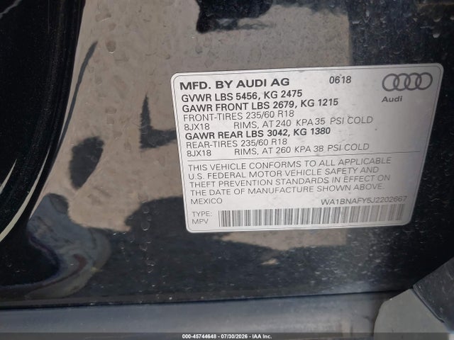 Продажа на аукционе авто 2018 Audi Q5 2.0t Premium/2.0t Tech Premium, vin: WA1BNAFY5J2202667, номер лота: 45744648