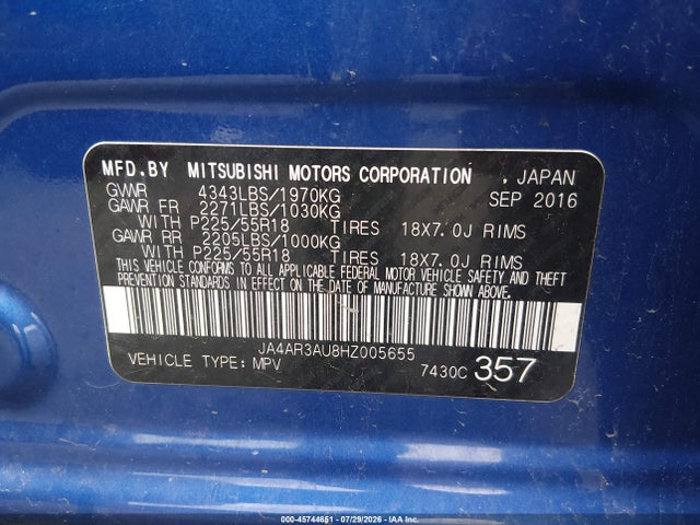 2017 Mitsubishi Outlander Sport 2.0 Le მანქანა იყიდება აუქციონზე, vin: JA4AR3AU8HZ005655, აუქციონის ნომერი: 45744651
