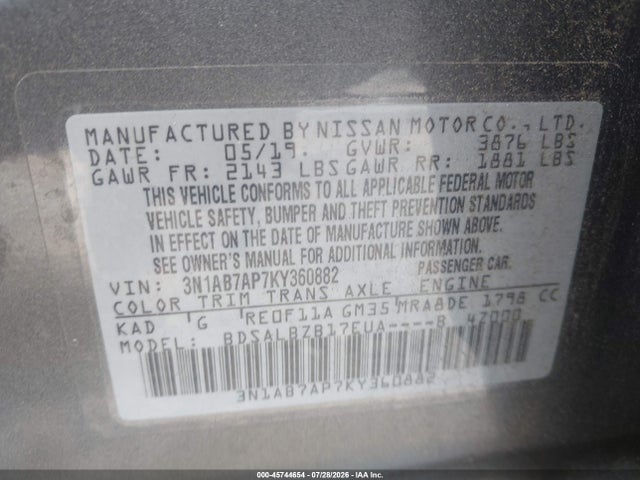 Продаж на аукціоні авто 2019 Nissan Sentra S, vin: 3N1AB7AP7KY360882, номер лоту: 45744654