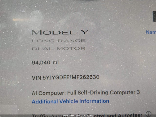 Aukcja sprzedaży 2021 Tesla Model Y Long Range Dual Motor All-wheel Drive, vin: 5YJYGDEE1MF262630, numer aukcji: 45744658