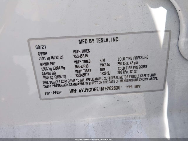 Aukcja sprzedaży 2021 Tesla Model Y Long Range Dual Motor All-wheel Drive, vin: 5YJYGDEE1MF262630, numer aukcji: 45744658