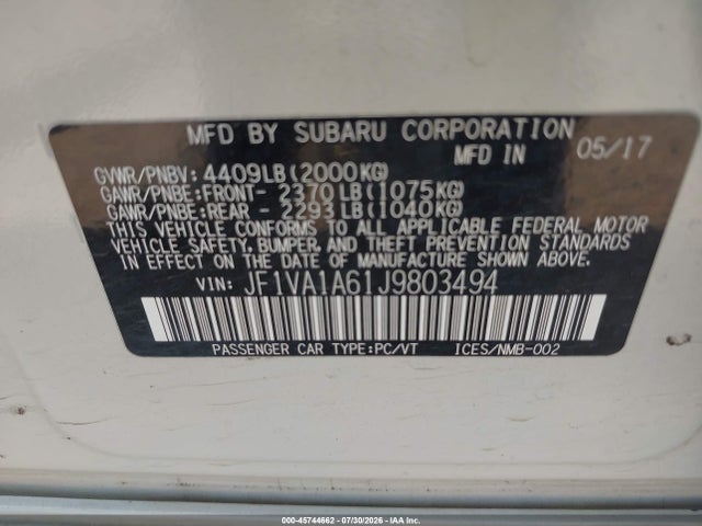 Aukcja sprzedaży 2018 Subaru Wrx, vin: JF1VA1A61J9803494, numer aukcji: 45744662