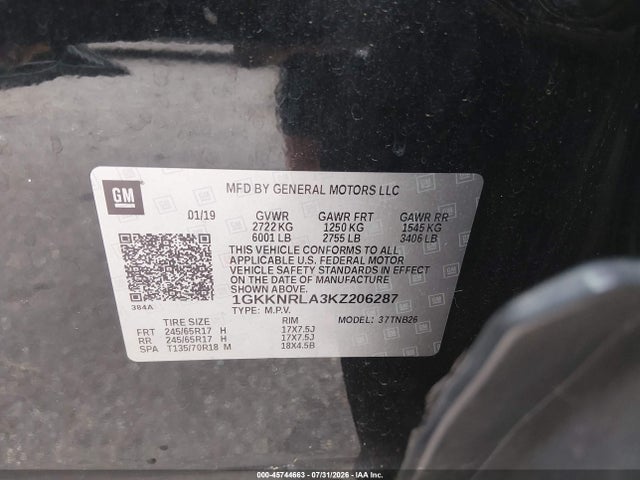 Aukcja sprzedaży 2019 Gmc Acadia Sle-1, vin: 1GKKNRLA3KZ206287, numer aukcji: 45744663