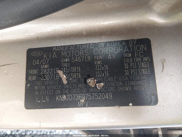 Продаж на аукціоні авто 2007 Kia Sorento Ex/lx, vin: KNDJD736975752049, номер лоту: 45744669