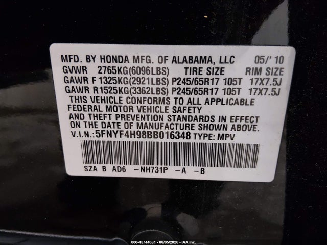 45744681 :رقم المزاد ، 5FNYF4H98BB016348 vin ، 2011 Honda Pilot Touring مزاد بيع