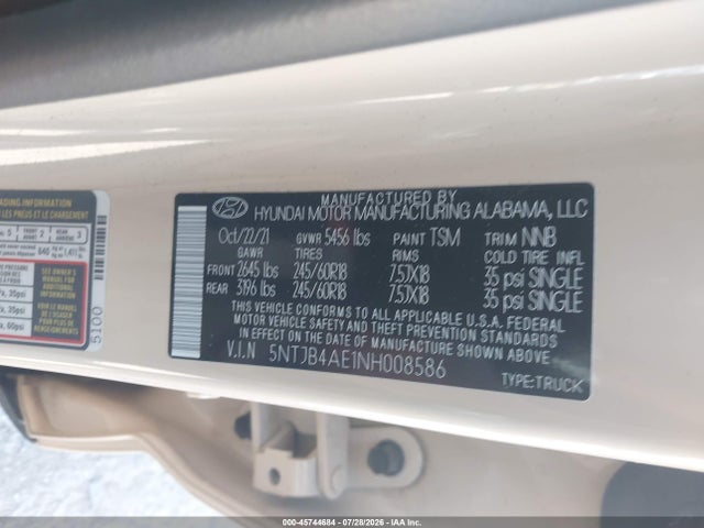 Aukcja sprzedaży 2022 Hyundai Santa Cruz Sel, vin: 5NTJB4AE1NH008586, numer aukcji: 45744684