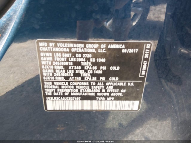 2018 Volkswagen Atlas 3.6l V6 Se/3.6l V6 Se W/technology მანქანა იყიდება აუქციონზე, vin: 1V2LR2CA3JC527497, აუქციონის ნომერი: 45744698