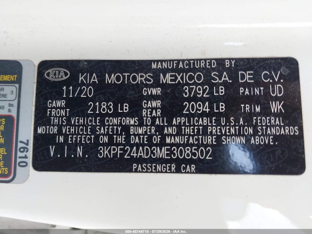 Продаж на аукціоні авто 2021 Kia Forte Lxs, vin: 3KPF24AD3ME308502, номер лоту: 45744710