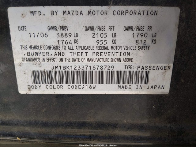 45744719 :رقم المزاد ، JM1BK123371678729 vin ، 2007 Mazda Mazda3 S Sport مزاد بيع