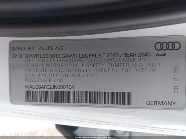 Aukcja sprzedaży 2018 Audi A6 2.0t Premium, vin: WAUC8AFC2JN090704, numer aukcji: 45744735