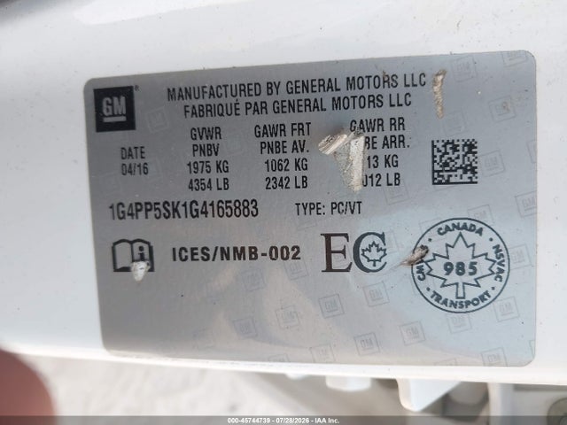 45744739 :رقم المزاد ، 1G4PP5SK1G4165883 vin ، 2016 Buick Verano مزاد بيع