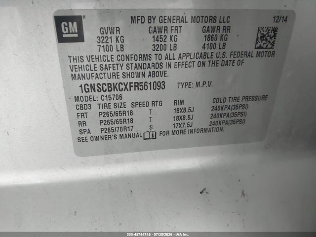 45744746 :رقم المزاد ، 1GNSCBKCXFR561093 vin ، 2015 Chevrolet Tahoe Lt مزاد بيع