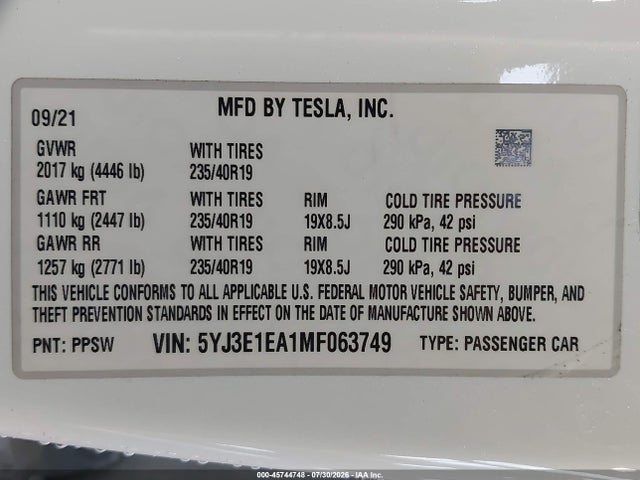 Tesla Model 3 Standard Range Plus Rear-wheel Drive 2021 5YJ3E1EA1MF063749 Image 9