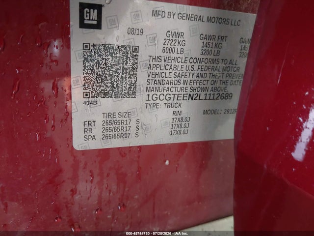 Auction sale of the 2020 Chevrolet Colorado 4wd  Short Box Zr2, vin: 1GCGTEEN2L1112689, lot number: 45744750