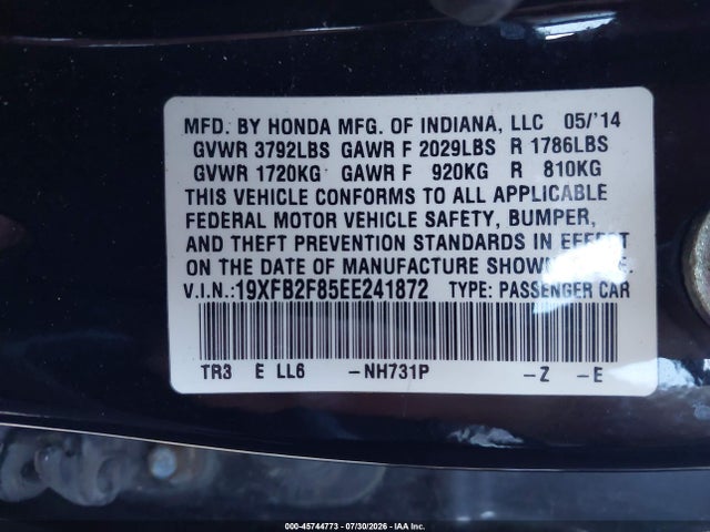 2014 Honda Civic Ex მანქანა იყიდება აუქციონზე, vin: 19XFB2F85EE241872, აუქციონის ნომერი: 45744773