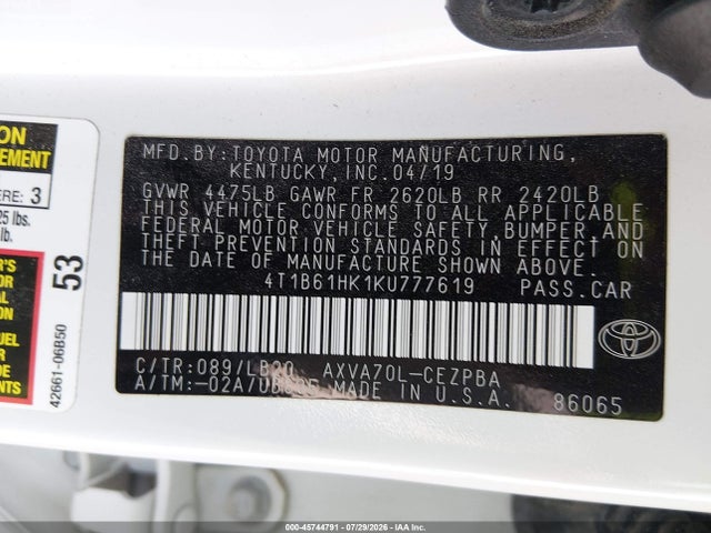 2019 Toyota Camry Xse მანქანა იყიდება აუქციონზე, vin: 4T1B61HK1KU777619, აუქციონის ნომერი: 45744791