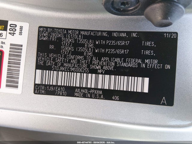 Toyota SIENNA XLE 2021 5TDJRKEC1MS006255 Image 9