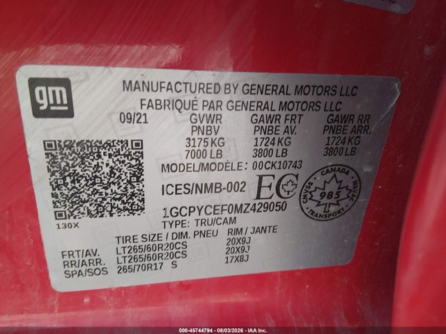 Продаж на аукціоні авто 2021 Chevrolet Silverado 1500 Custom Trail Boss, vin: 1GCPYCEF0MZ429050, номер лоту: 45744794