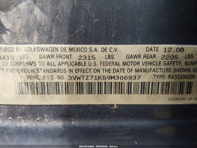 Продаж на аукціоні авто 2009 Volkswagen Jetta 2.5l Se, vin: 3VWTZ71K59M306937, номер лоту: 45744805