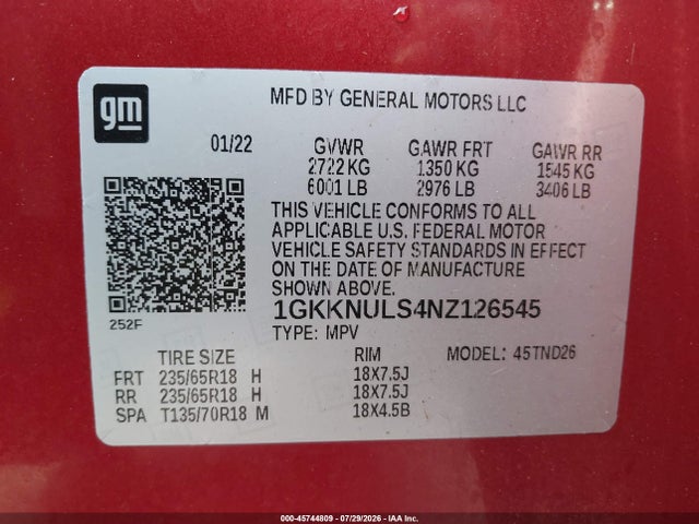 Продажа на аукционе авто 2022 Gmc Acadia Awd Slt, vin: 1GKKNULS4NZ126545, номер лота: 45744809