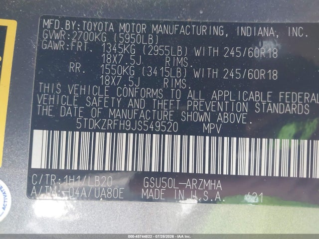Toyota Highlander Xle 2018 5TDKZRFH9JS549520 Image 9