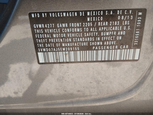 45744833 :رقم المزاد ، 3VWD07AJ5EM209155 vin ، 2014 Volkswagen Jetta 1.8t Se مزاد بيع