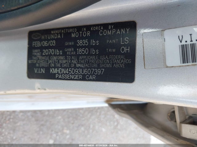 Aukcja sprzedaży 2003 Hyundai Elantra Gls/gt, vin: KMHDN45D93U607397, numer aukcji: 45744838