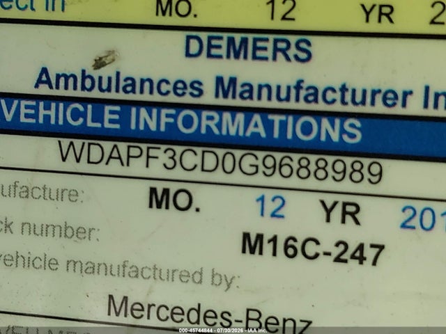 45744844 :رقم المزاد ، WDAPF3CD0G9688989 vin ، 2016 Mercedes-benz Sprinter 3500 مزاد بيع