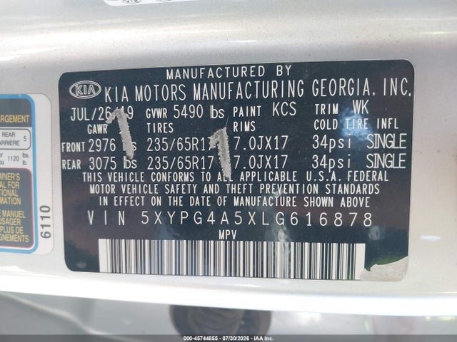 Продаж на аукціоні авто 2020 Kia Sorento 3.3l Lx, vin: 5XYPG4A5XLG616878, номер лоту: 45744855