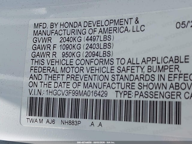 45744859 :رقم المزاد ، 1HGCV3F99MA016429 vin ، 2021 Honda Accord Hybrid Touring مزاد بيع