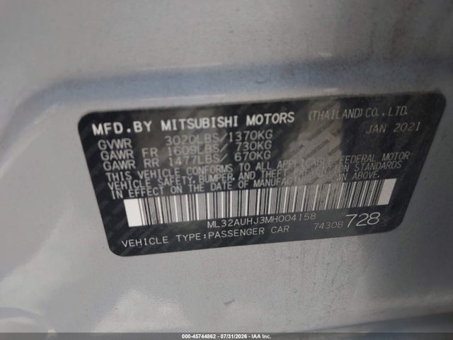 Aukcja sprzedaży 2021 Mitsubishi Mirage Carbonite Edition/es/le, vin: ML32AUHJ3MH004158, numer aukcji: 45744862
