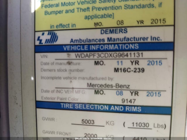 45744878 :رقم المزاد ، WDAPF3CDXG9641131 vin ، 2016 Mercedes-benz Sprinter 3500 مزاد بيع