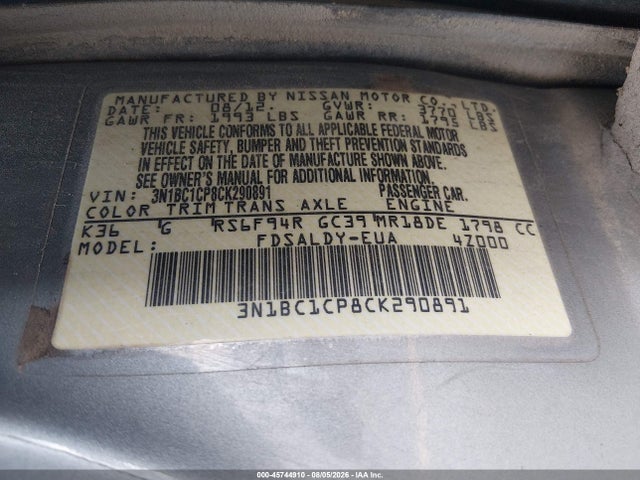 Продажа на аукционе авто 2012 Nissan Versa 1.8 S, vin: 3N1BC1CP8CK290891, номер лота: 45744910