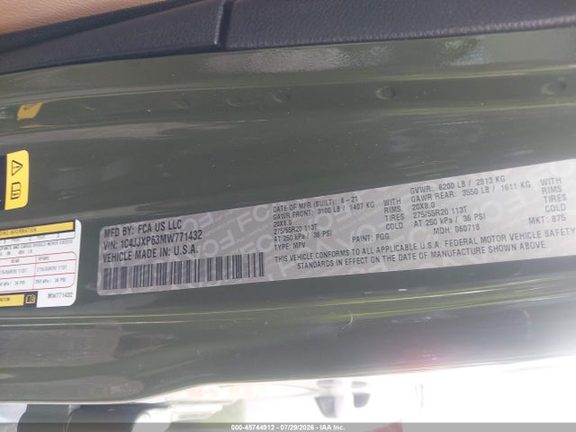Aukcja sprzedaży 2021 Jeep Wrangler 4xe Unlimited Sahara 4x4, vin: 1C4JJXP63MW771432, numer aukcji: 45744912