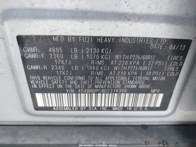 2013 Subaru Outback 3.6r Limited მანქანა იყიდება აუქციონზე, vin: 4S4BRDPC8D2314300, აუქციონის ნომერი: 45744915