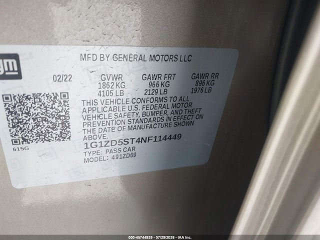 Aukcja sprzedaży 2022 Chevrolet Malibu Fwd Lt, vin: 1G1ZD5ST4NF114449, numer aukcji: 45744939