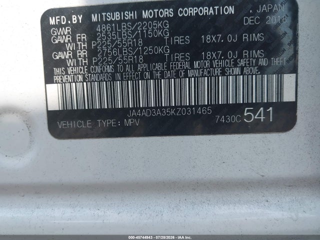 Aukcja sprzedaży 2019 Mitsubishi Outlander Se, vin: JA4AD3A35KZ031465, numer aukcji: 45744943