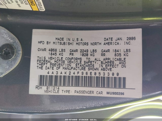 45744949 :رقم المزاد ، 4A3AK24F96E053300 vin ، 2006 Mitsubishi Eclipse Gs مزاد بيع