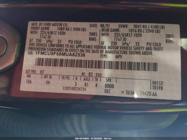 Ford ESCAPE S 2021 1FMCU9F68MUA82538 Image 9
